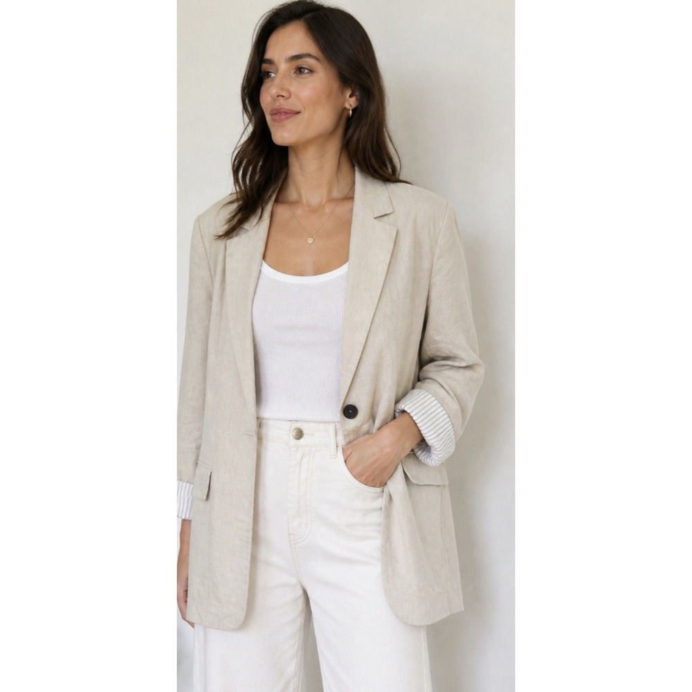 NEW! Zara Linen Blend Blazer Jacket Beige Tan SZ Large
